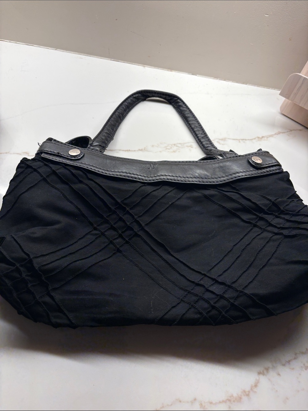 Black Quilted Pattern Tote Bag with Leather Trim
